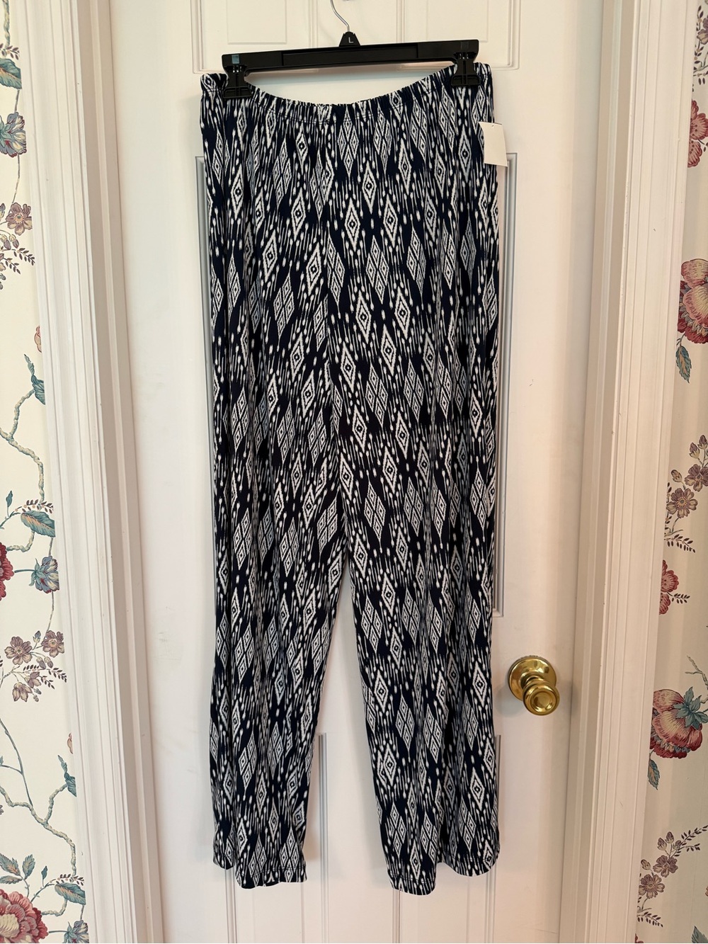 Navy and White Geometric Wide-Leg Pants
